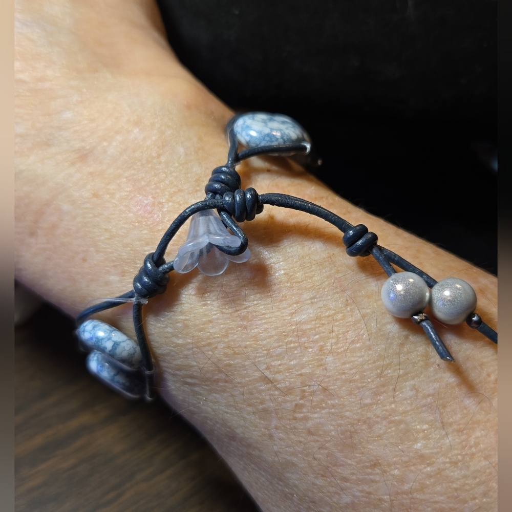 Handmade Leather Wrapped Bracelet, Blue Granite Beads & A Blue Flower Button NWT - Picture 2 of 2